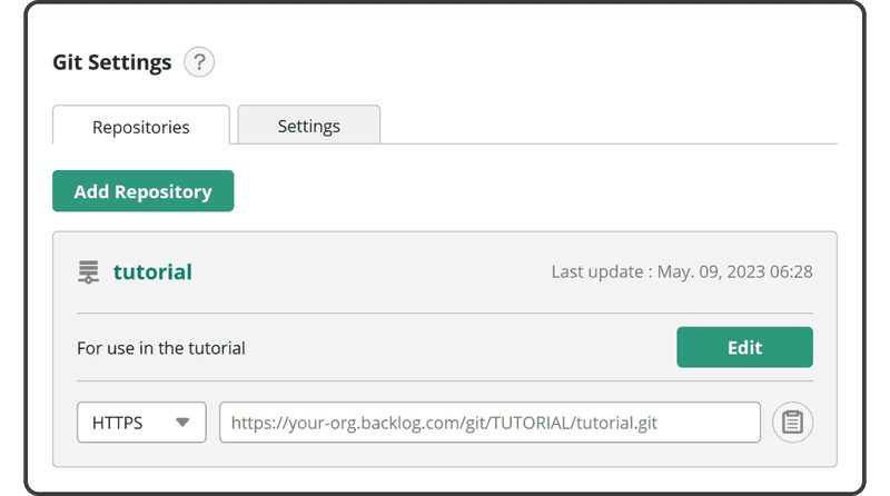 the URL of the remote repository you previously created in Backlog