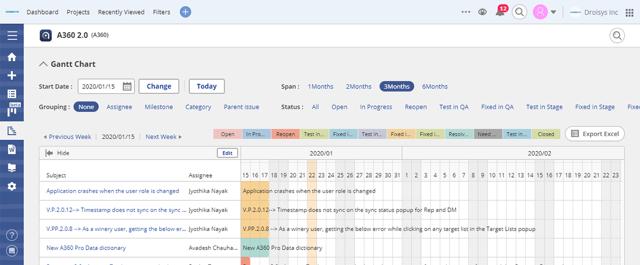Example of Gantt chart used by one of Droisys' teams
