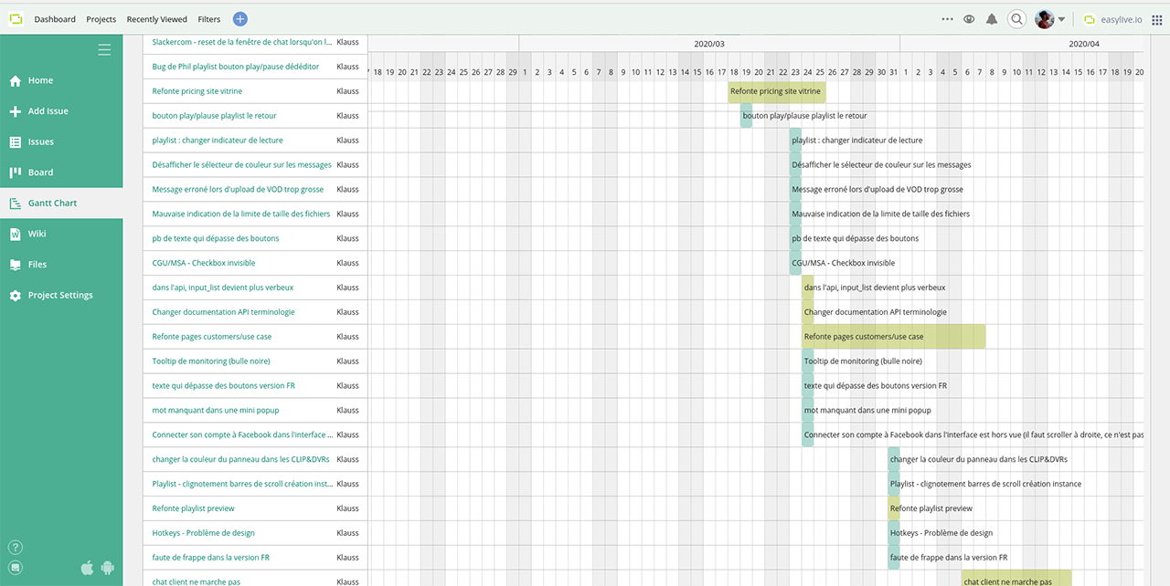 Example of Gantt chart used by one of easylive.io teams
