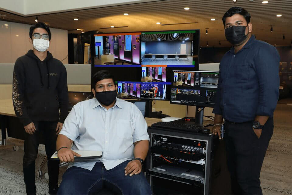 VStream team 1 on location. From left: Streaming Specialist Islam bin Mohamad Falmi, Operations Director Adarsh Mohan, and Streaming Specialist Senthil Ramiah Pillai.
