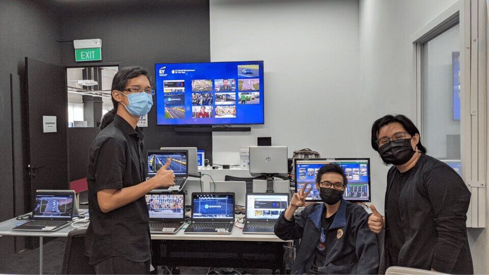 VStream team 2 at work. From left: R & D Associate Prabowo, Streaming Specialist Dillion Low, and Operations Manager Abigail Tan.
