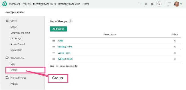 Screenshot: Screen of Group settings