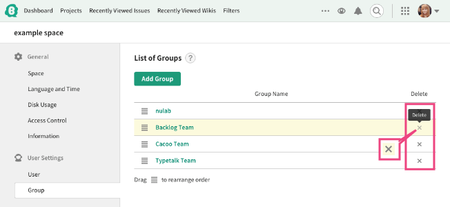 Screenshot: To delete a group, press x button next to group names on the 'List of Groups'