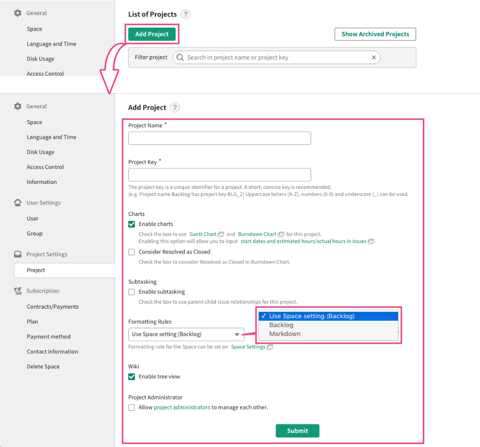 Screenshot: Click 'Add Project', then 'Add Project' page shows