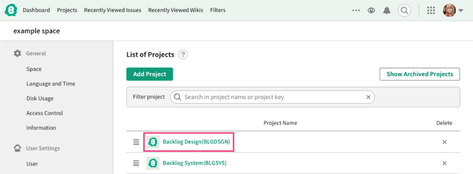 Screenshot: click the name of the project on 'Projects' list