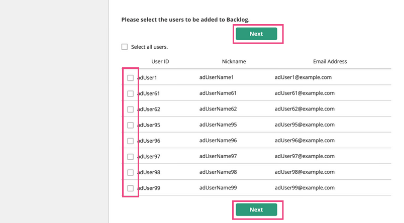 Screenshot: Check the boxes next to the users you want to add, then click the 'Next' button