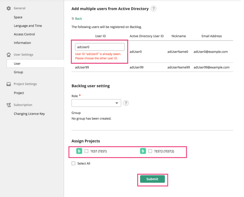 Screenshot: Enter the user role in Backlog, assign them to a group and project , and click the 'Submit' button