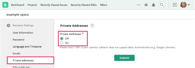 Screenshot: Screen of Private Address Setting