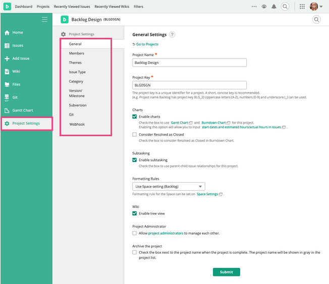 Screenshot: Screen of Project settings