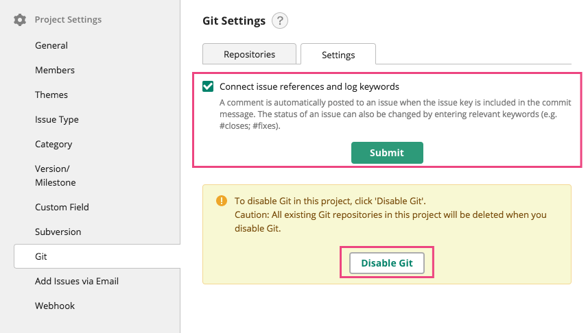 Screenshot: Screen of Git settings