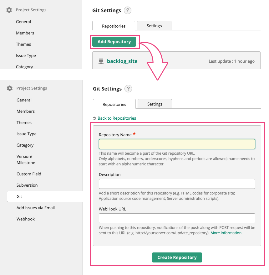 Screenshot: Screen of Create Git repository