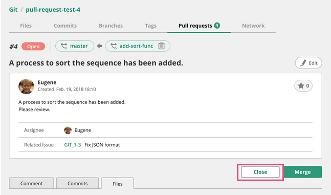 Screenshot: Screen of Close pull request