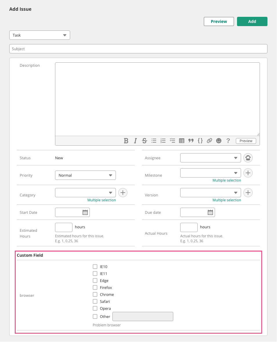 Screenshot: Screen of Custom fields on Issue