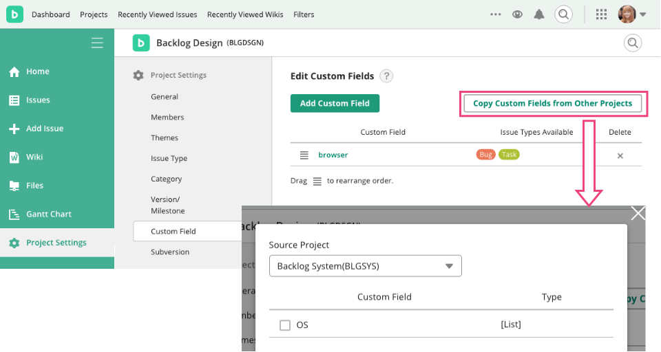 Screenshot: Screen of Copy Custom Fields from Other Projects