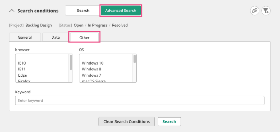 Screenshot: Screen of Search by the Custom field