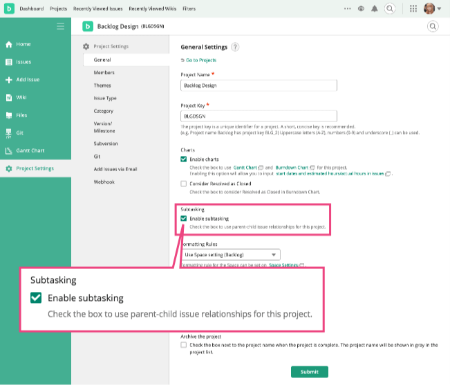 Screenshot: Screen of Subtasking setting on Project settings
