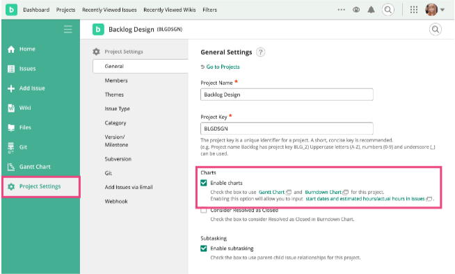 Screenshot: Screen of Enable Charts setting on Project settings