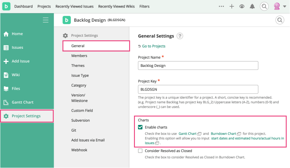 Screenshot: Screen of Enable Chart setting on Project settings