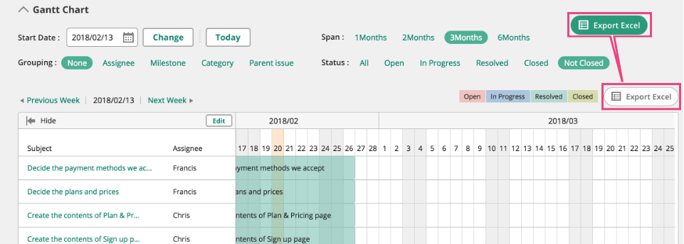 Screenshot: Screen of Export to Excel