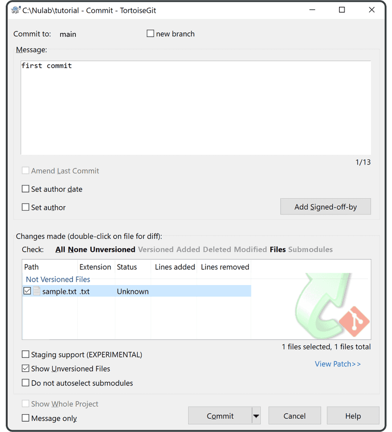 Enter a message in the commit message field, then click the OK button.
