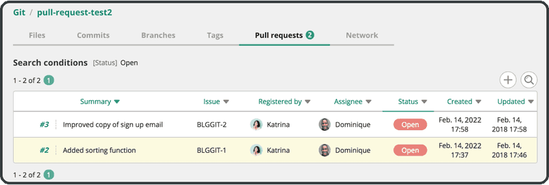 Pull request list in Backlog, a Git hosting service with bug tracking features