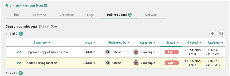 Pull request list in Backlog, a Git hosting service with bug tracking features