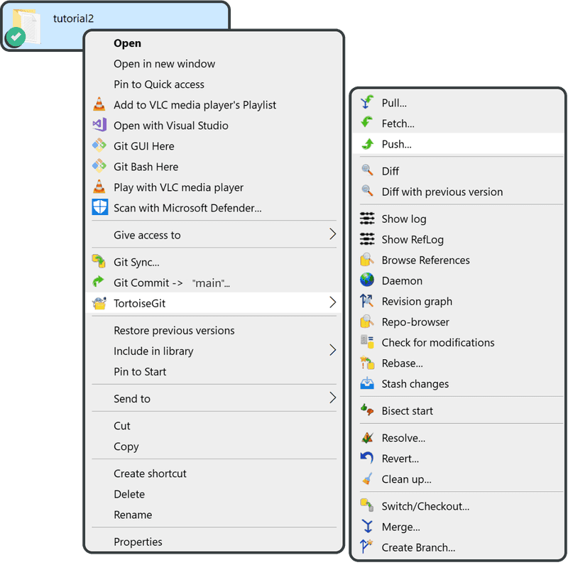 Right-click tutorial2 directory and click Push button